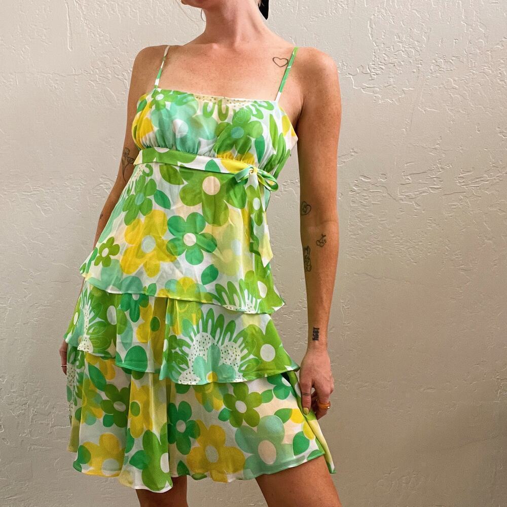 Vintage Y2K 100% Silk Green Floral Tiered Mini Dress - Picture 2 of 7